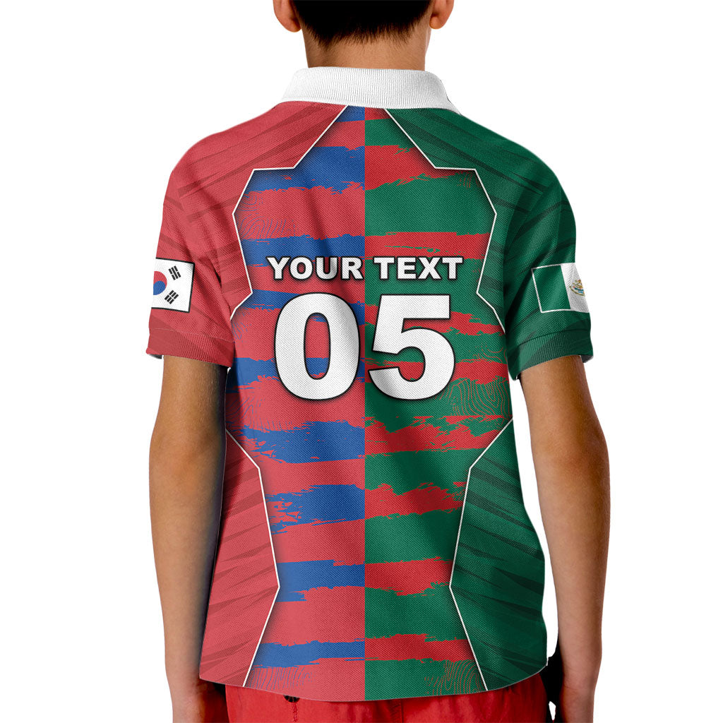 Custom Mexico And Korean Football Kid Polo Shirt Split Flag Golden Trophy Grunge