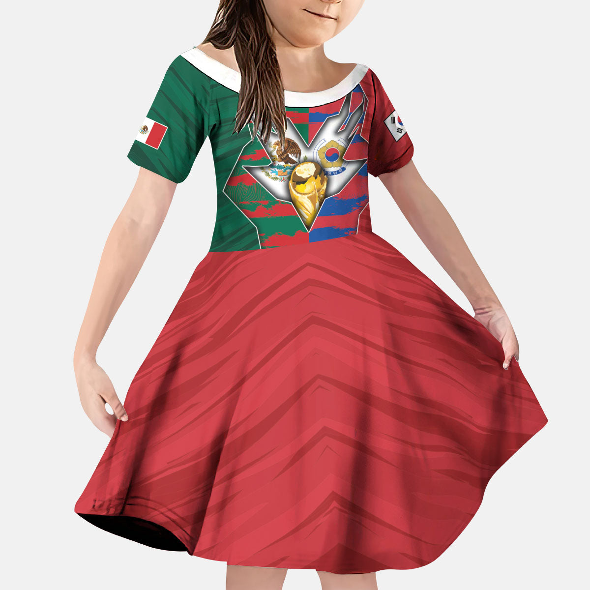 Custom Mexico And Korean Football Kid Short Sleeve Dress Split Flag Golden Trophy Grunge