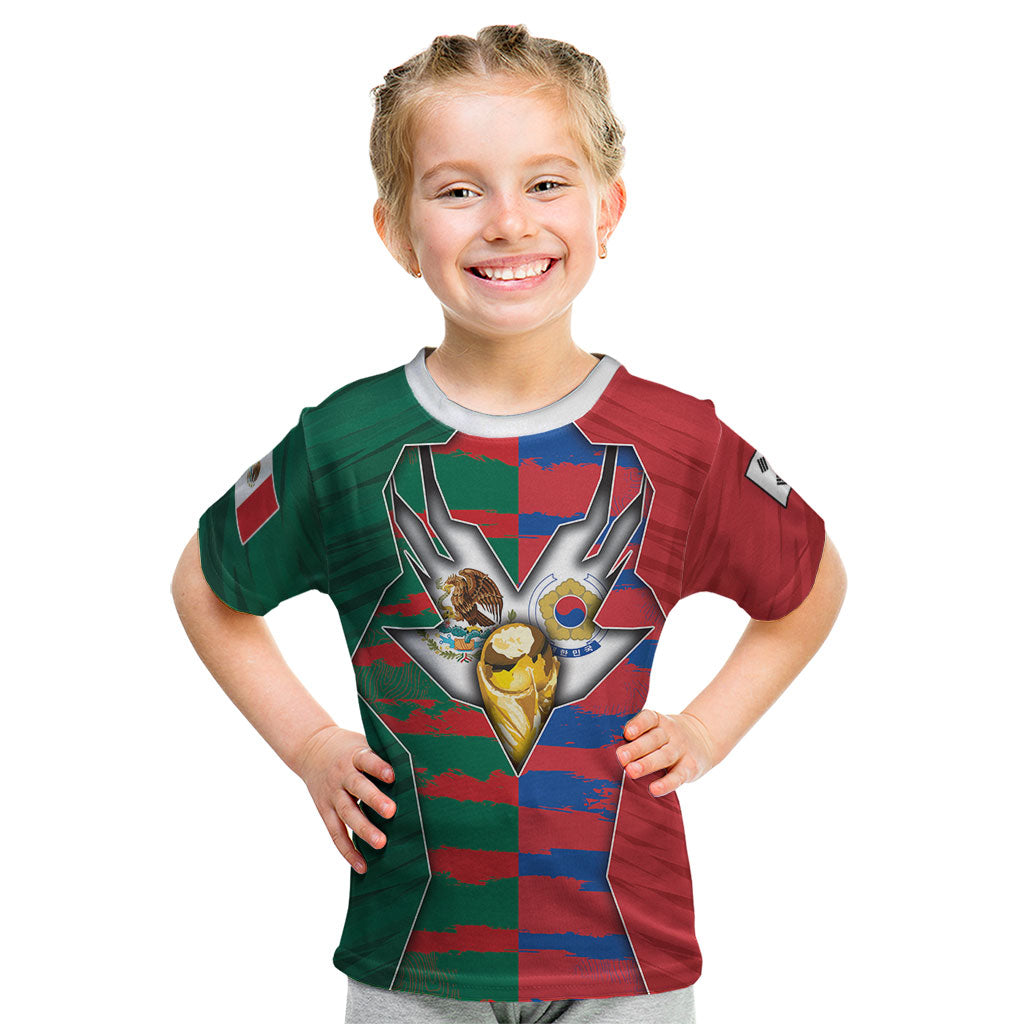 Custom Mexico And Korean Football Kid T Shirt Split Flag Golden Trophy Grunge