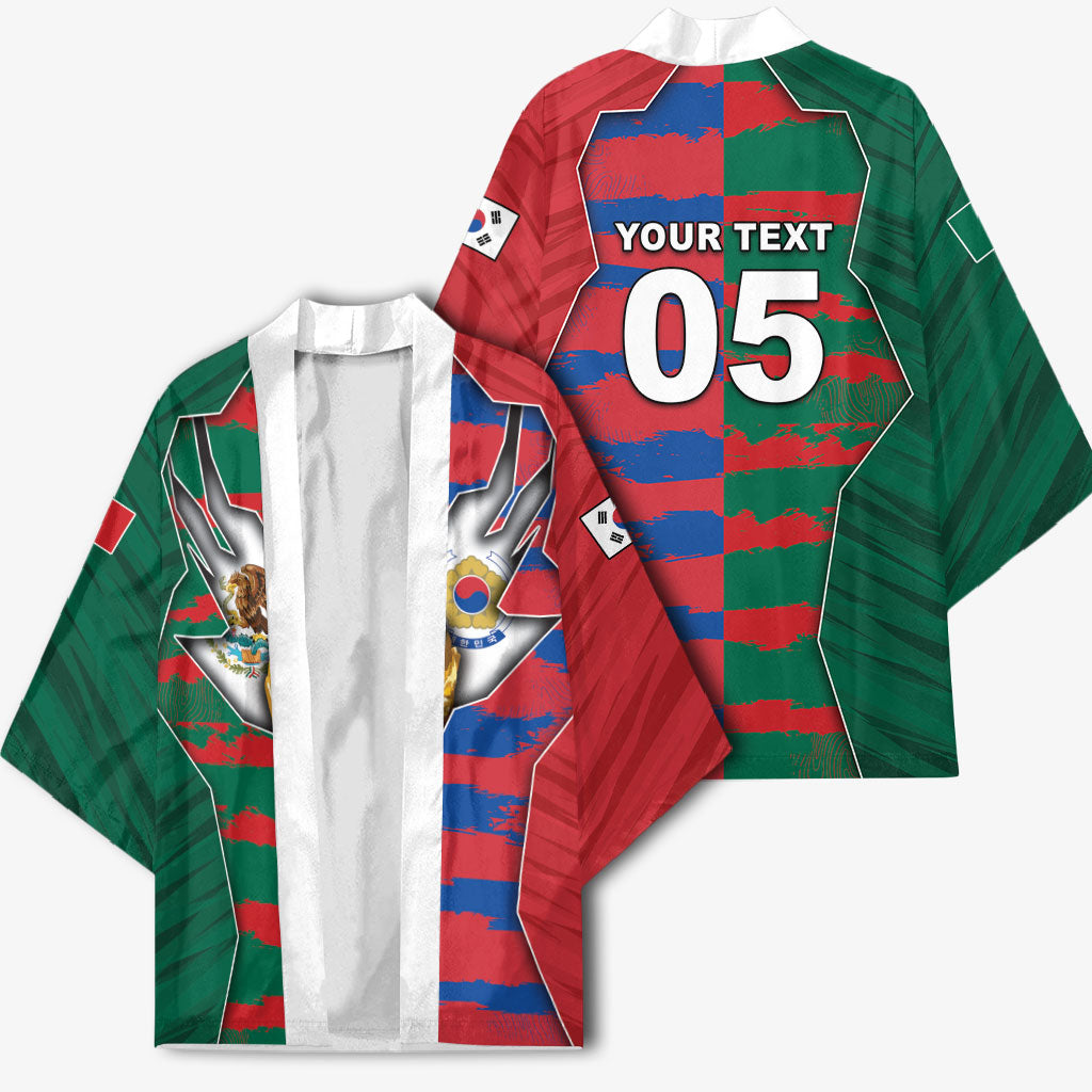 Custom Mexico And Korean Football Kimono Split Flag Golden Trophy Grunge
