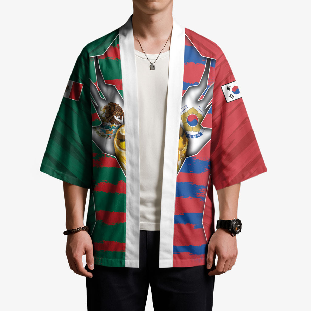 Custom Mexico And Korean Football Kimono Split Flag Golden Trophy Grunge