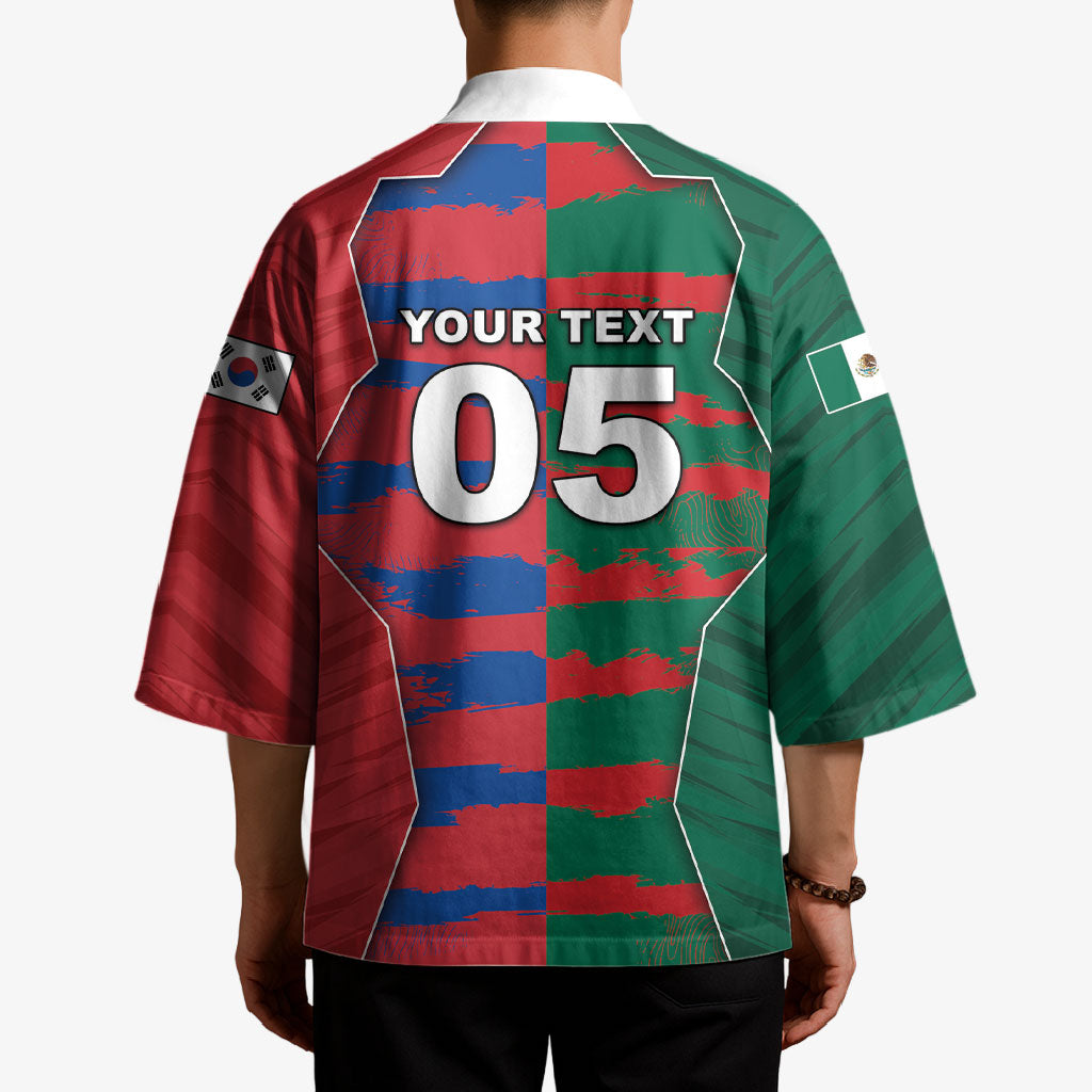 Custom Mexico And Korean Football Kimono Split Flag Golden Trophy Grunge