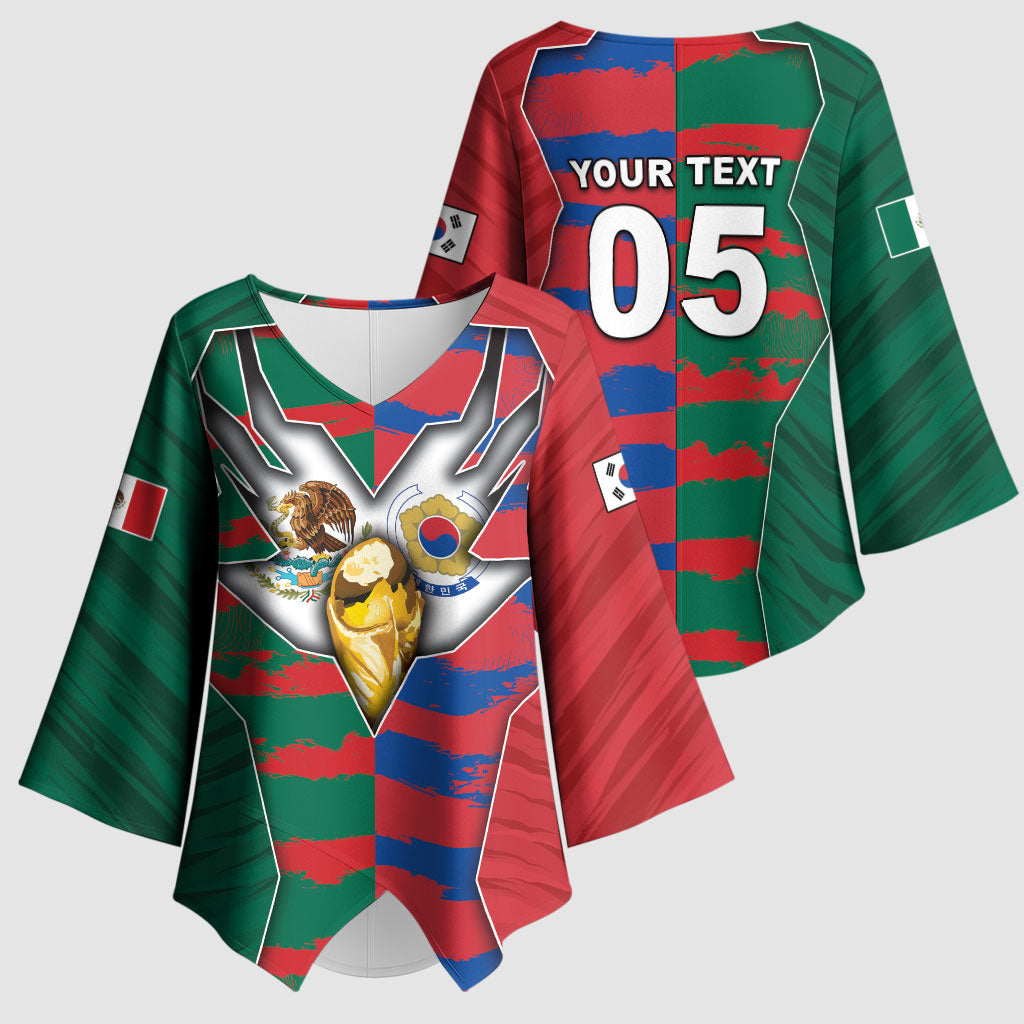 Custom Mexico And Korean Football Kimono Sleeve Blouse Split Flag Golden Trophy Grunge