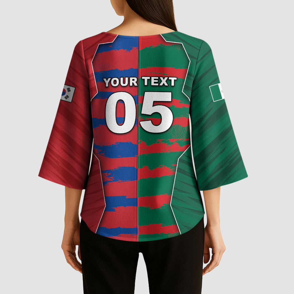Custom Mexico And Korean Football Kimono Sleeve Blouse Split Flag Golden Trophy Grunge