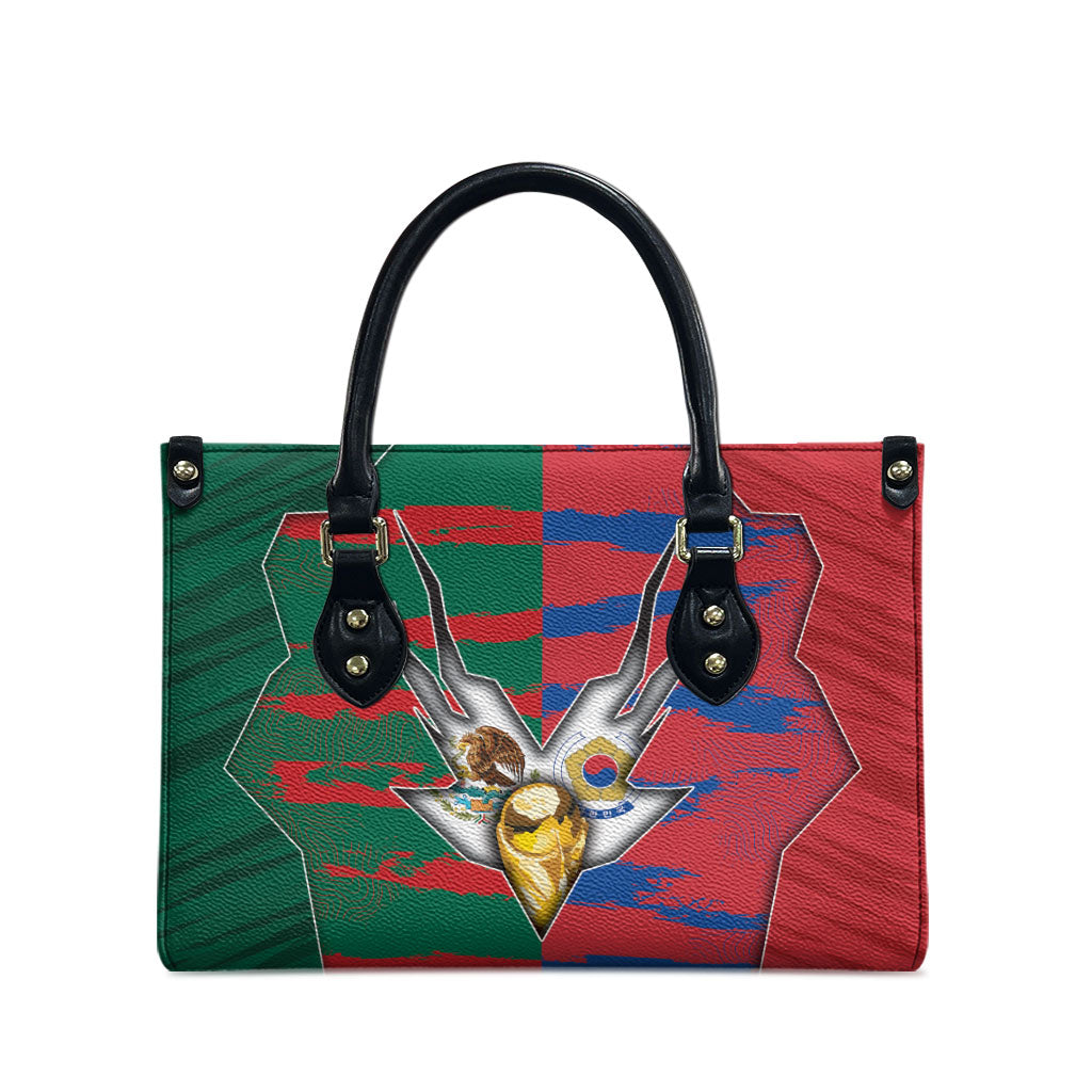 Mexico And Korean Football Leather Bag Split Flag Golden Trophy Grunge