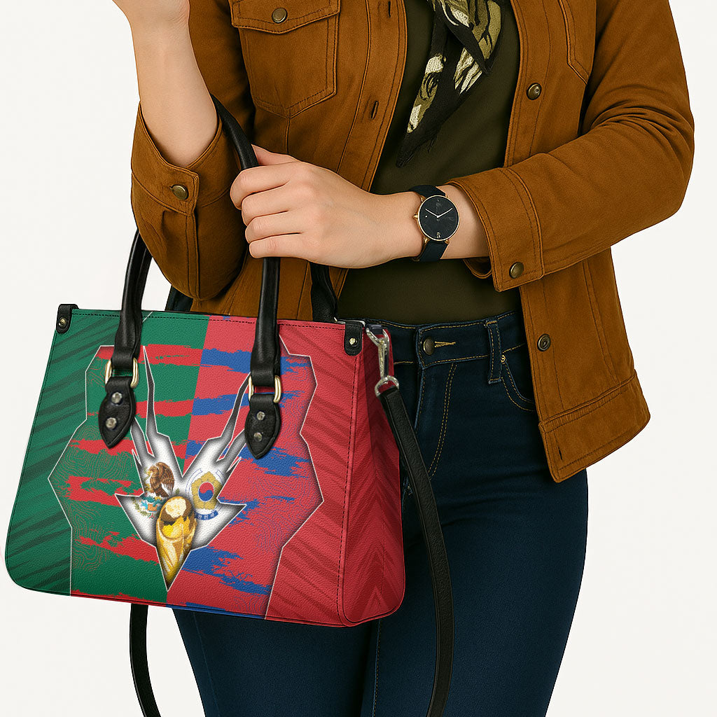 Mexico And Korean Football Leather Bag Split Flag Golden Trophy Grunge