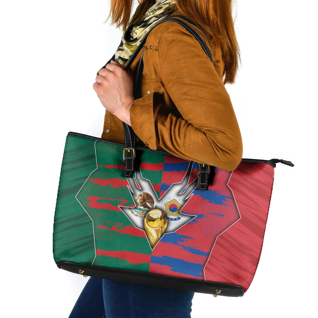 Mexico And Korean Football Leather Tote Bag Split Flag Golden Trophy Grunge