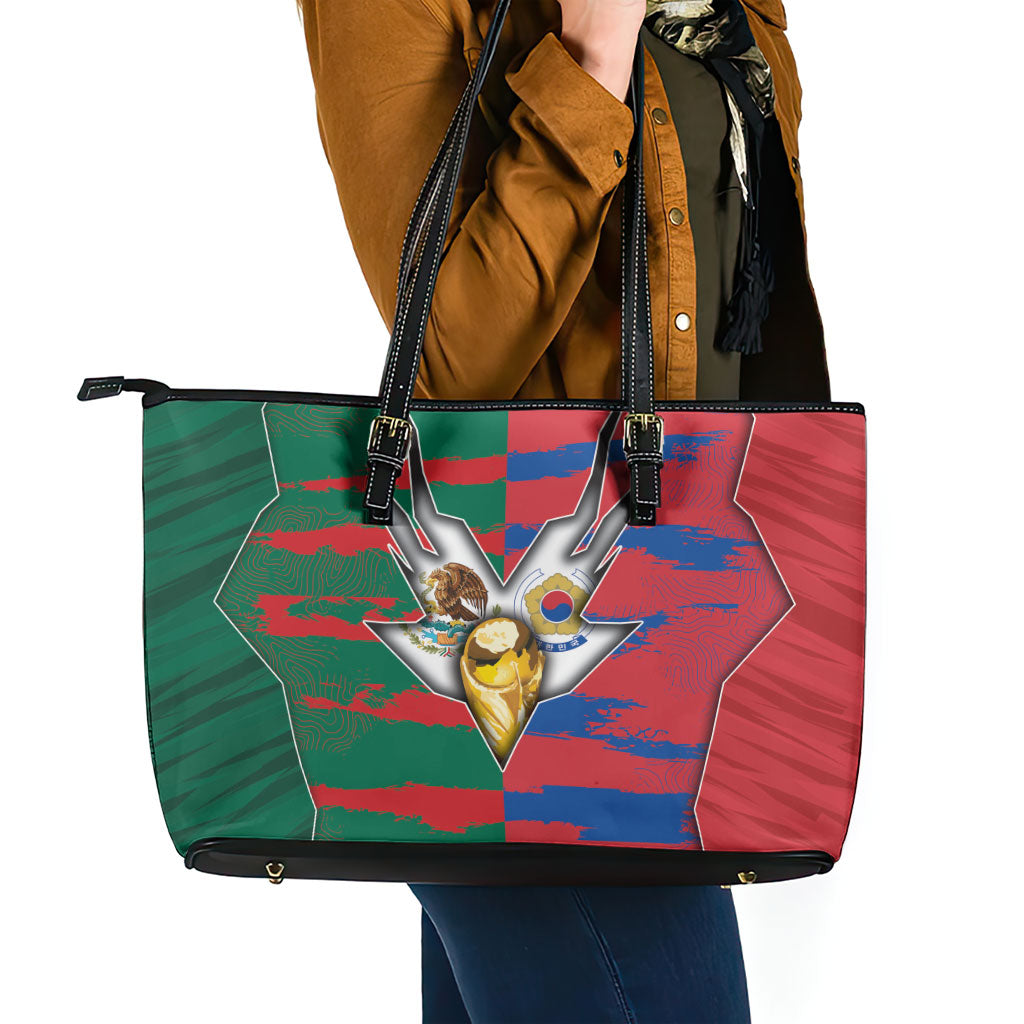 Mexico And Korean Football Leather Tote Bag Split Flag Golden Trophy Grunge