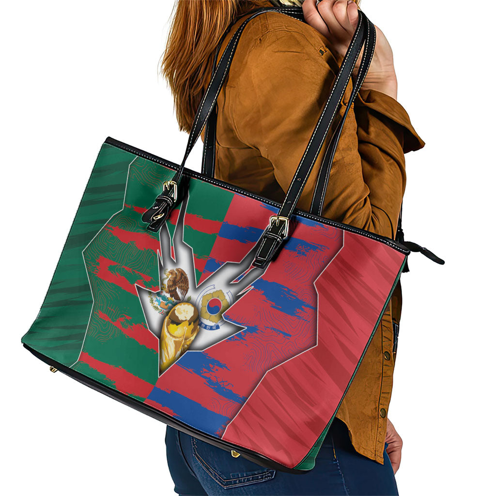 Mexico And Korean Football Leather Tote Bag Split Flag Golden Trophy Grunge