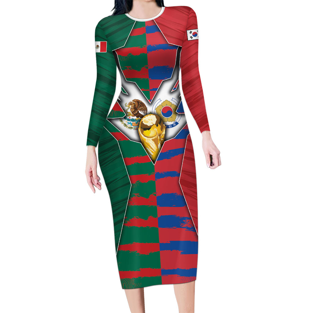 Custom Mexico And Korean Football Long Sleeve Bodycon Dress Split Flag Golden Trophy Grunge