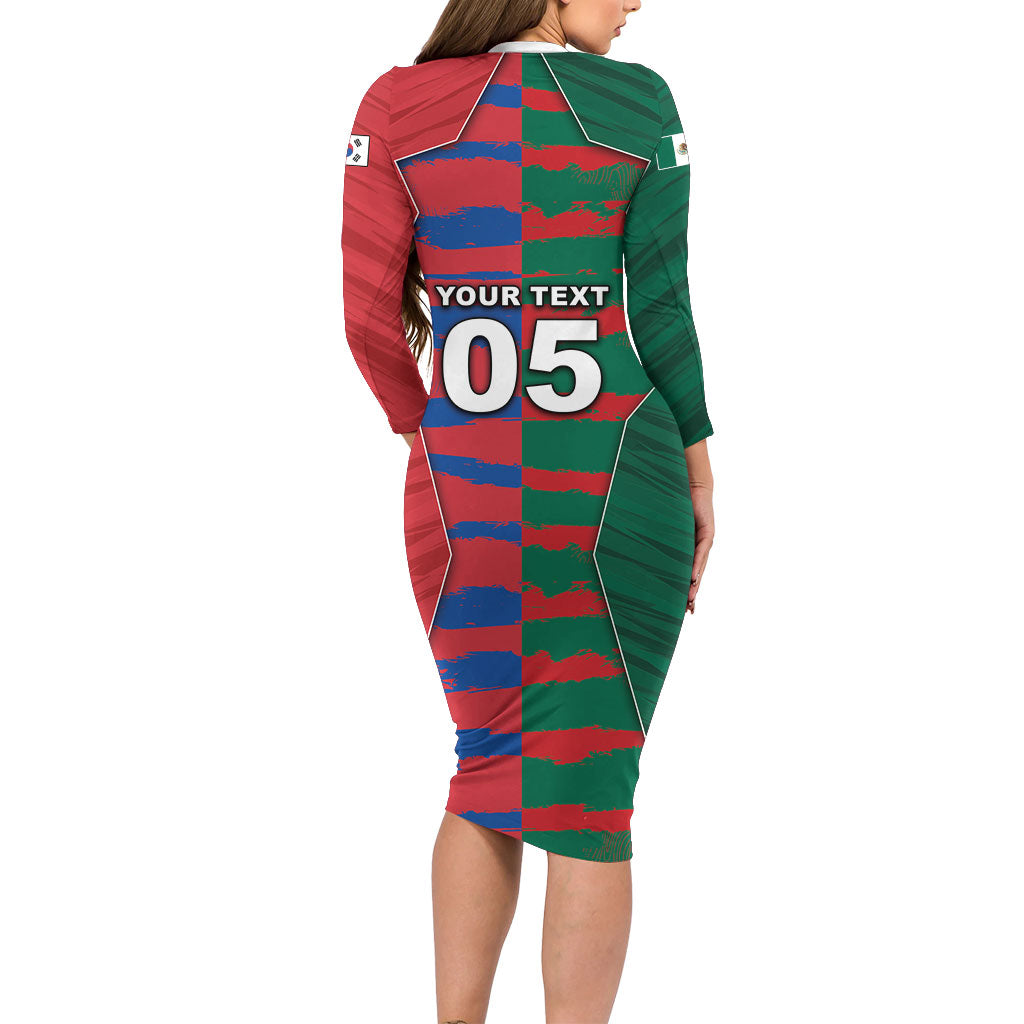 Custom Mexico And Korean Football Long Sleeve Bodycon Dress Split Flag Golden Trophy Grunge