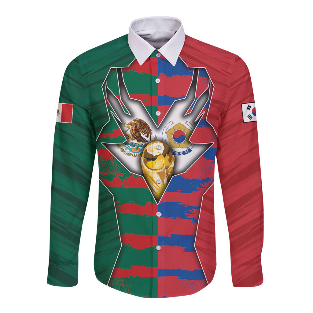 Custom Mexico And Korean Football Long Sleeve Button Shirt Split Flag Golden Trophy Grunge