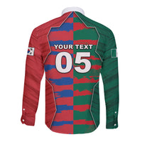 Custom Mexico And Korean Football Long Sleeve Button Shirt Split Flag Golden Trophy Grunge