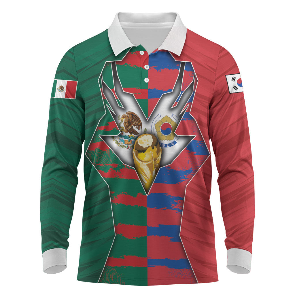 Custom Mexico And Korean Football Long Sleeve Polo Shirt Split Flag Golden Trophy Grunge