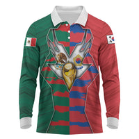 Custom Mexico And Korean Football Long Sleeve Polo Shirt Split Flag Golden Trophy Grunge