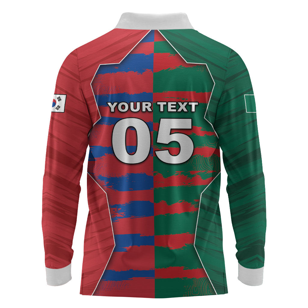 Custom Mexico And Korean Football Long Sleeve Polo Shirt Split Flag Golden Trophy Grunge