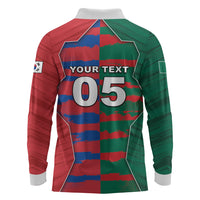 Custom Mexico And Korean Football Long Sleeve Polo Shirt Split Flag Golden Trophy Grunge