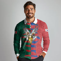 Custom Mexico And Korean Football Long Sleeve Polo Shirt Split Flag Golden Trophy Grunge