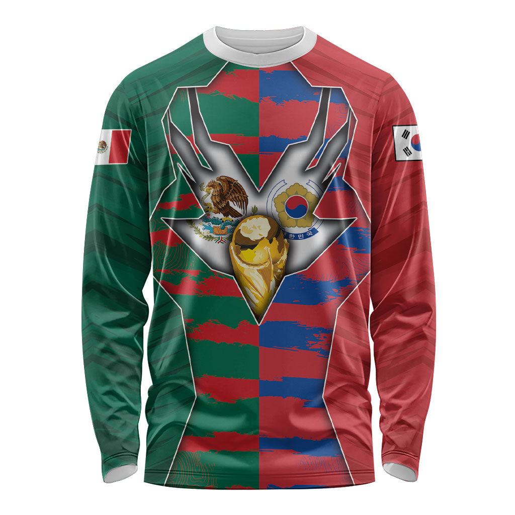 Custom Mexico And Korean Football Long Sleeve Shirt Split Flag Golden Trophy Grunge