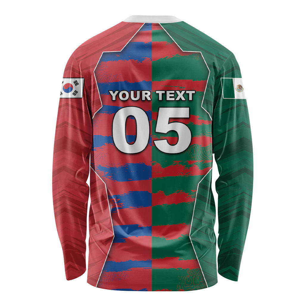 Custom Mexico And Korean Football Long Sleeve Shirt Split Flag Golden Trophy Grunge