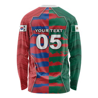 Custom Mexico And Korean Football Long Sleeve Shirt Split Flag Golden Trophy Grunge