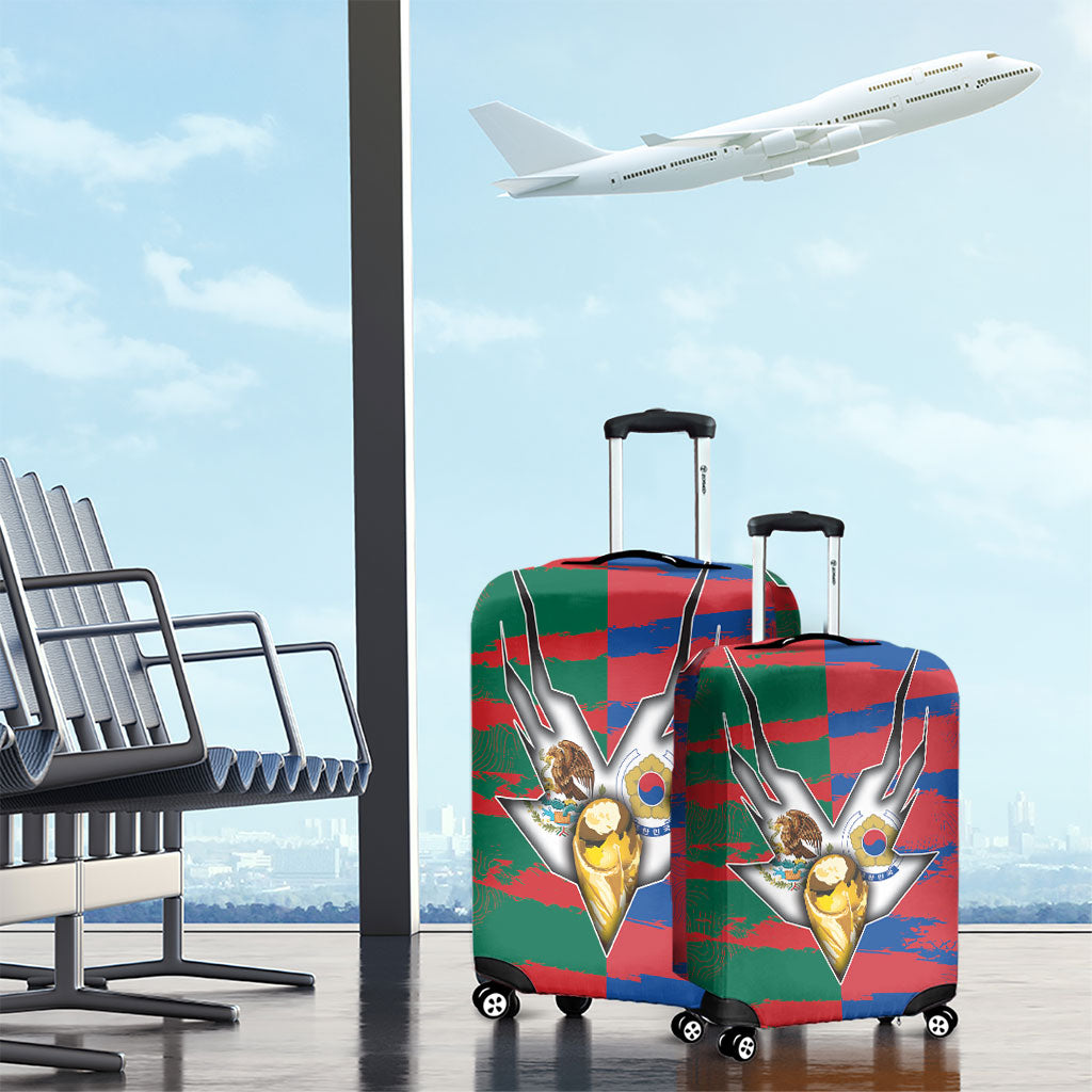 Mexico And Korean Football Luggage Cover Split Flag Golden Trophy Grunge