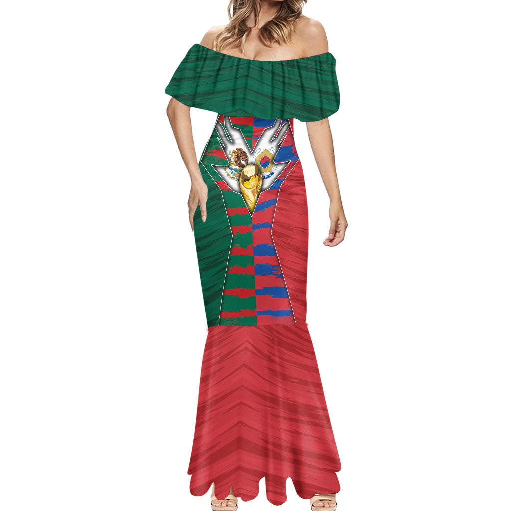 Custom Mexico And Korean Football Mermaid Dress Split Flag Golden Trophy Grunge