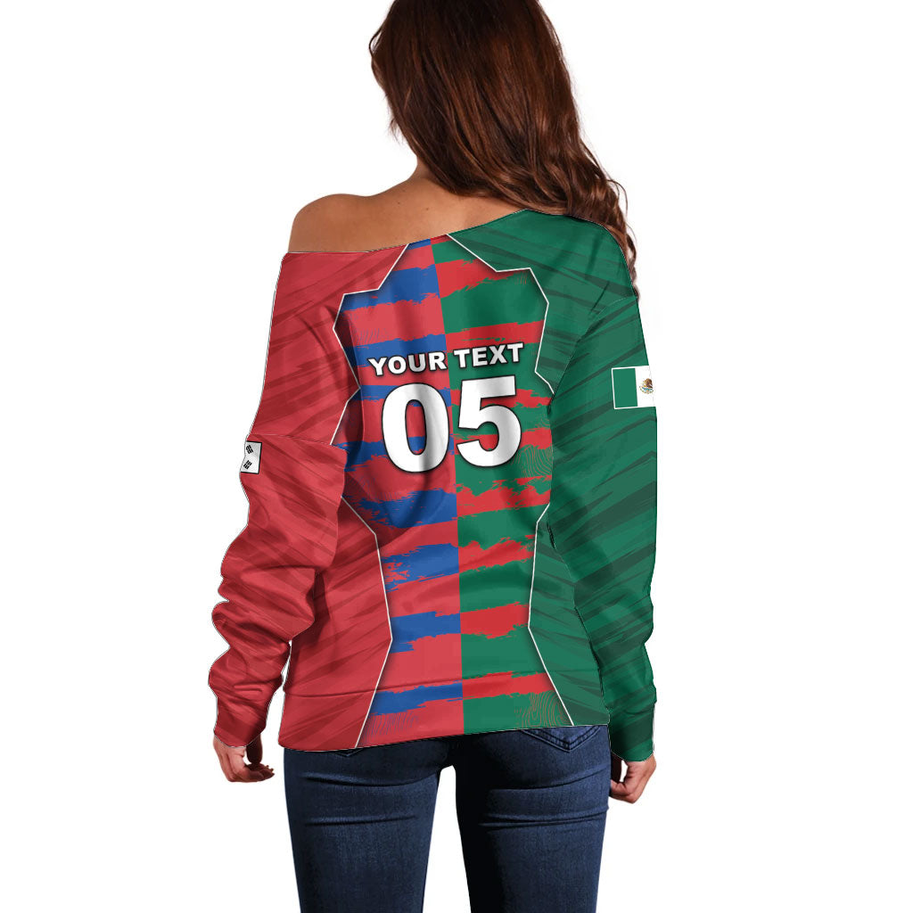 Custom Mexico And Korean Football Off Shoulder Sweater Split Flag Golden Trophy Grunge