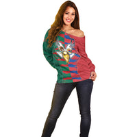 Custom Mexico And Korean Football Off Shoulder Sweater Split Flag Golden Trophy Grunge