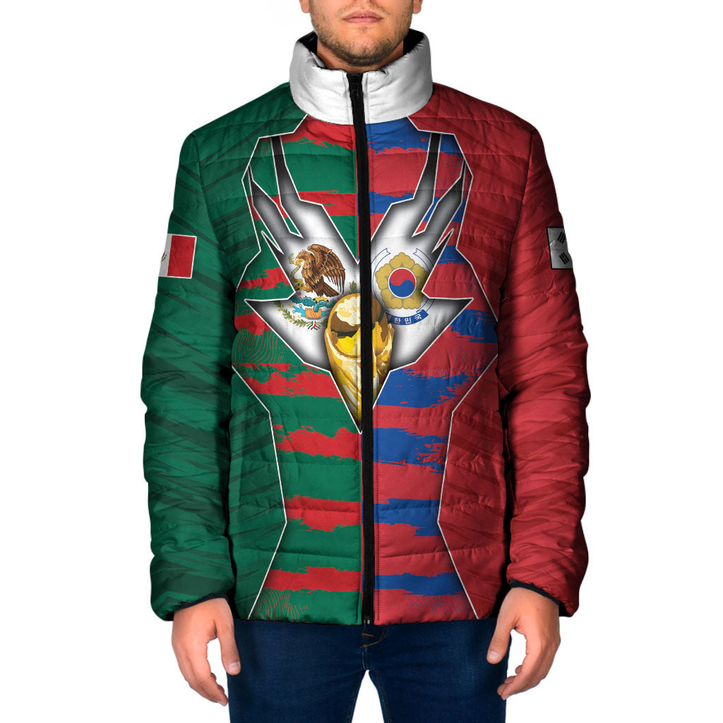 Custom Mexico And Korean Football Padded Jacket Split Flag Golden Trophy Grunge