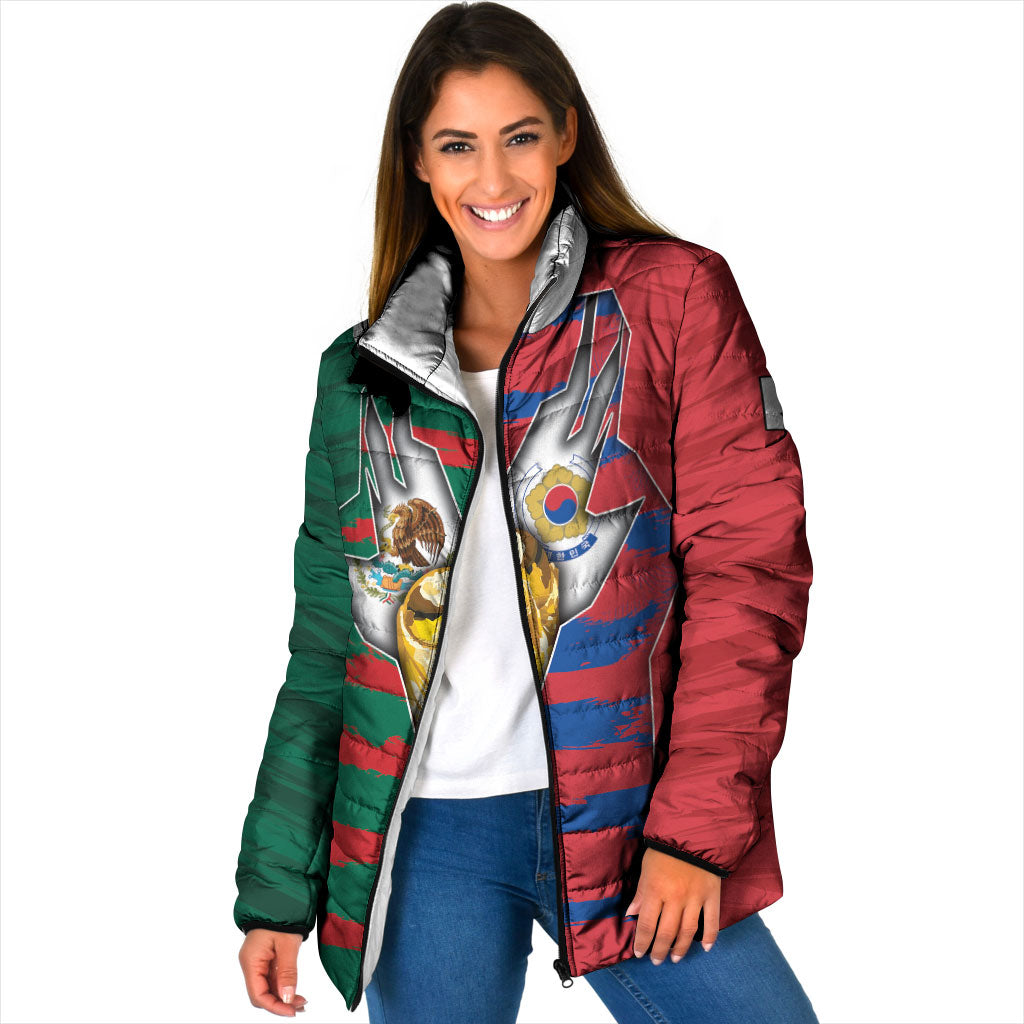 Custom Mexico And Korean Football Padded Jacket Split Flag Golden Trophy Grunge