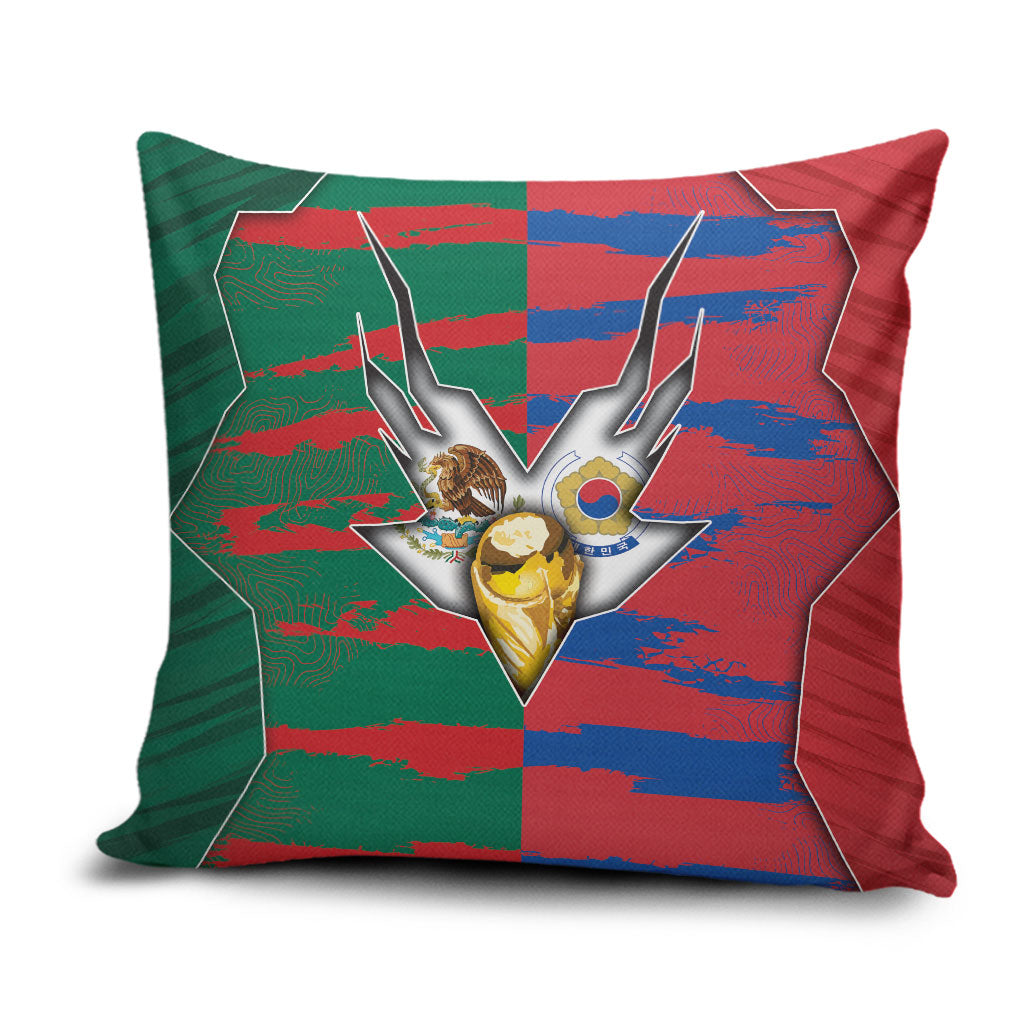 Mexico And Korean Football Pillow Cover Split Flag Golden Trophy Grunge