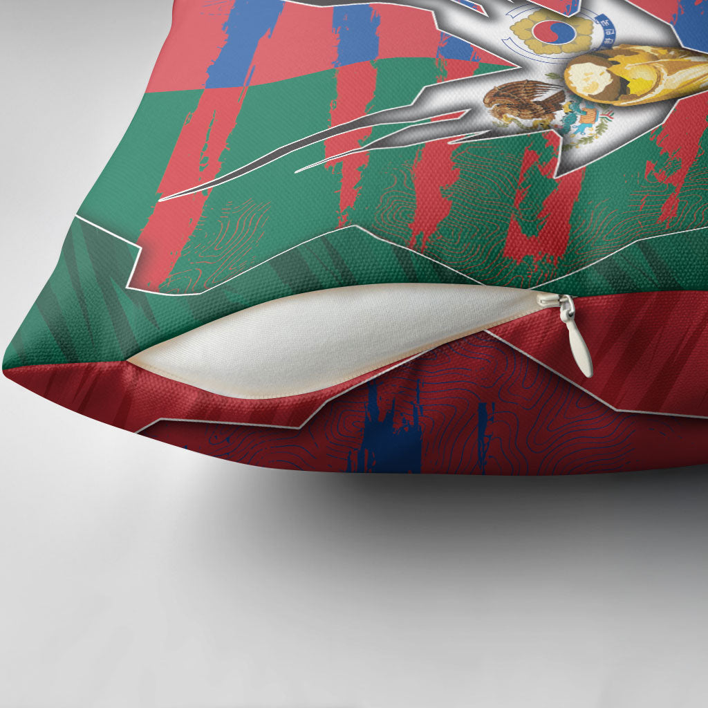 Mexico And Korean Football Pillow Cover Split Flag Golden Trophy Grunge