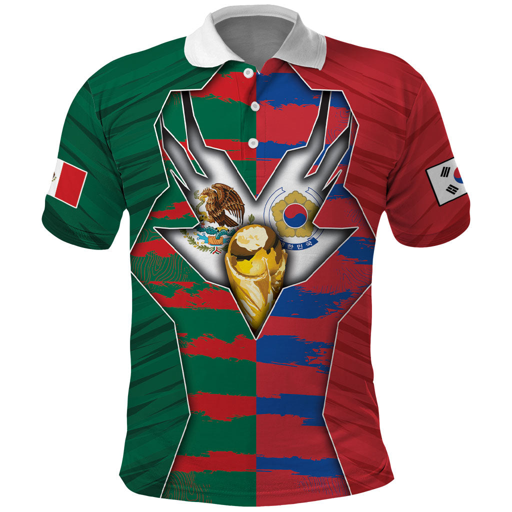 Custom Mexico And Korean Football Polo Shirt Split Flag Golden Trophy Grunge