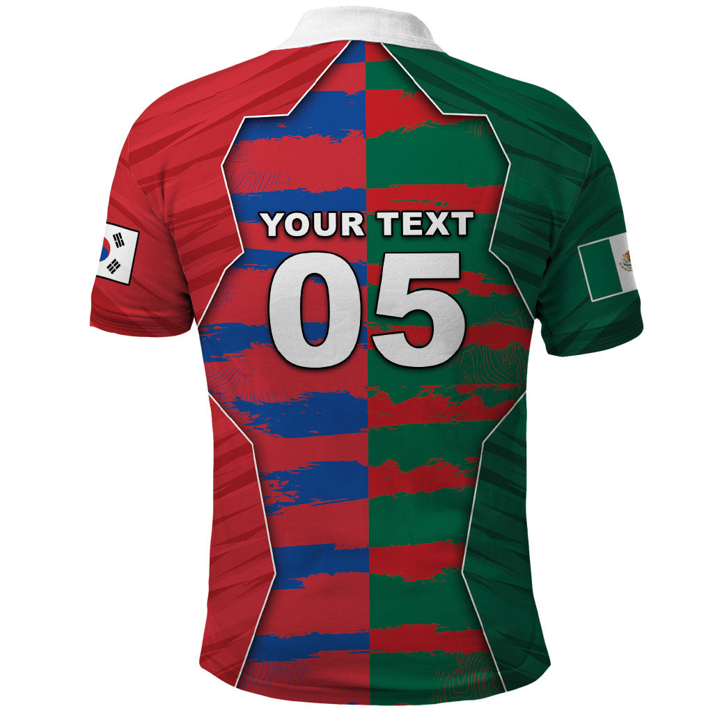 Custom Mexico And Korean Football Polo Shirt Split Flag Golden Trophy Grunge