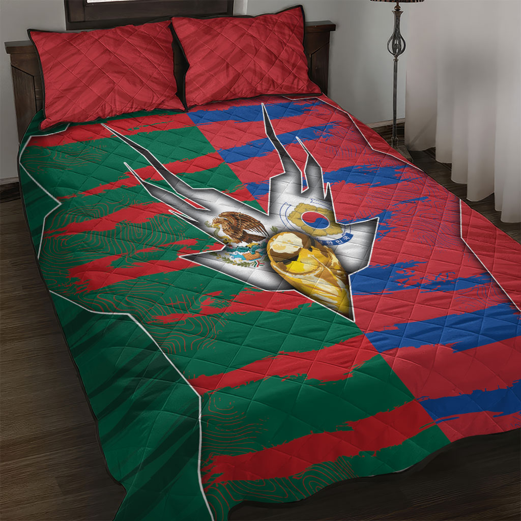 Mexico And Korean Football Quilt Bed Set Split Flag Golden Trophy Grunge