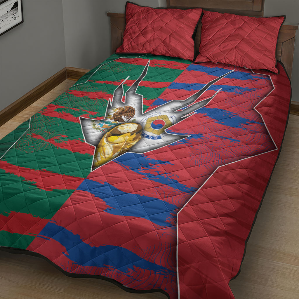 Mexico And Korean Football Quilt Bed Set Split Flag Golden Trophy Grunge