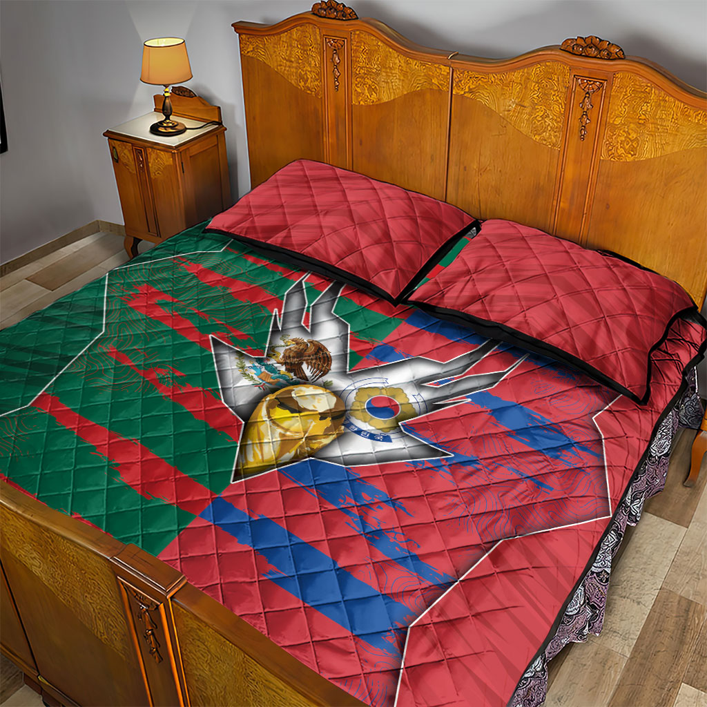 Mexico And Korean Football Quilt Bed Set Split Flag Golden Trophy Grunge