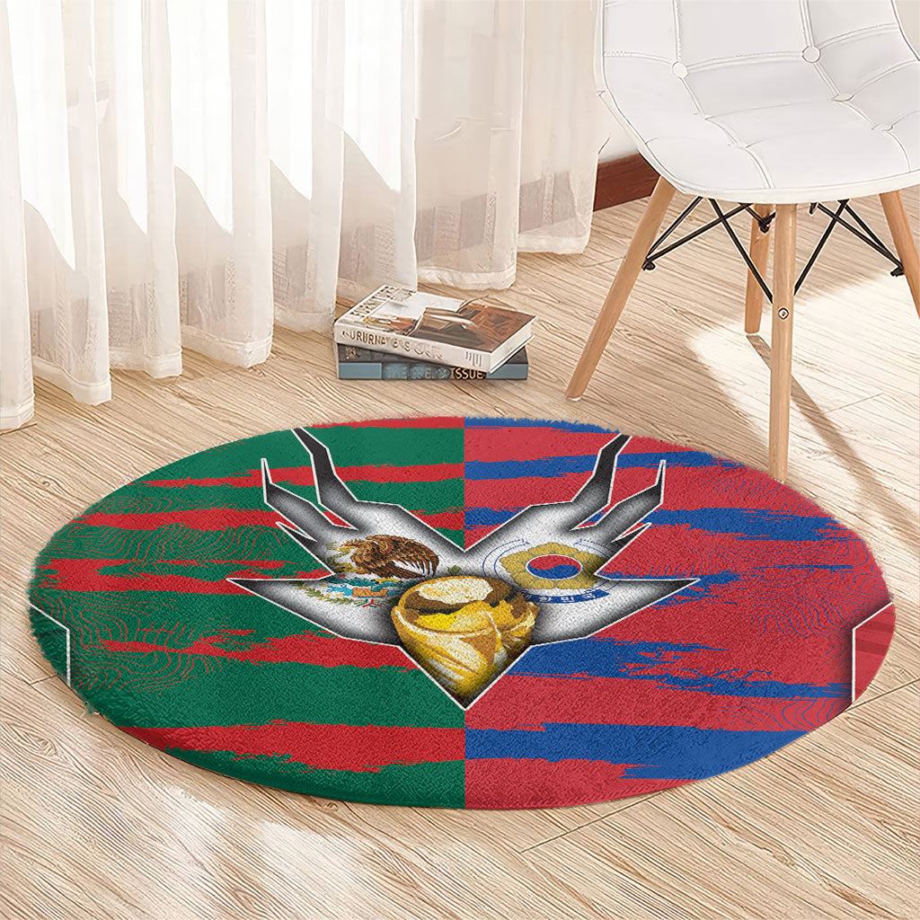 Mexico And Korean Football Round Carpet Split Flag Golden Trophy Grunge