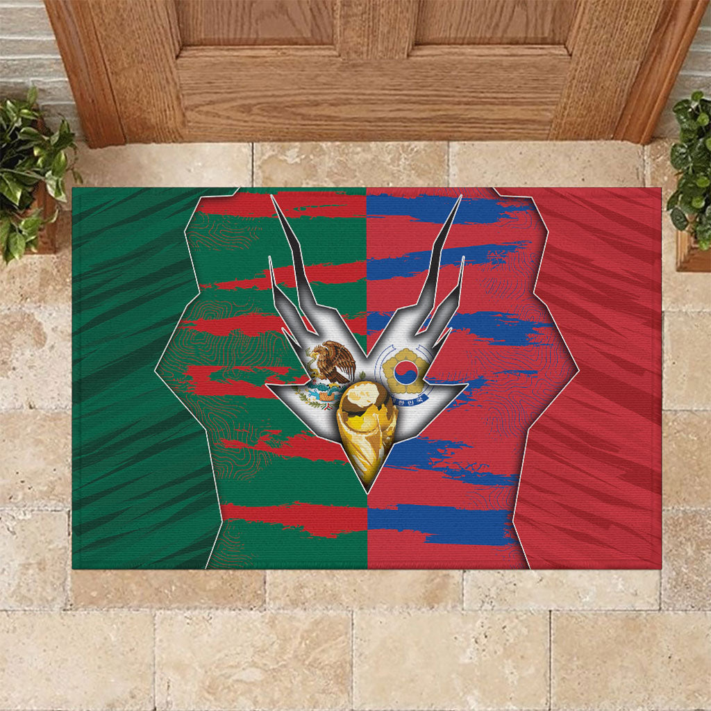 Mexico And Korean Football Rubber Doormat Split Flag Golden Trophy Grunge
