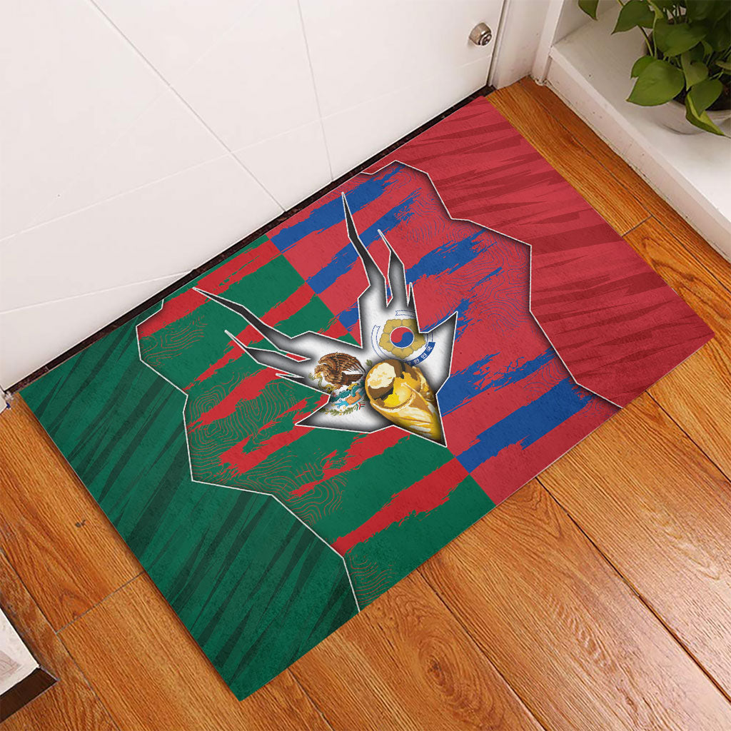 Mexico And Korean Football Rubber Doormat Split Flag Golden Trophy Grunge