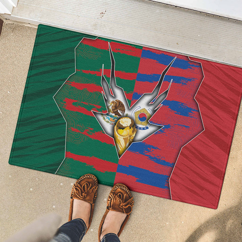 Mexico And Korean Football Rubber Doormat Split Flag Golden Trophy Grunge