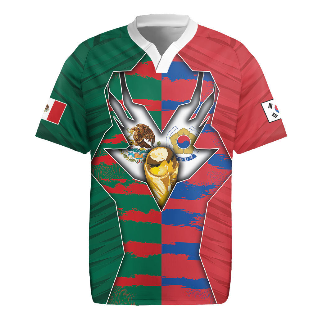 Custom Mexico And Korean Football Rugby Jersey Split Flag Golden Trophy Grunge