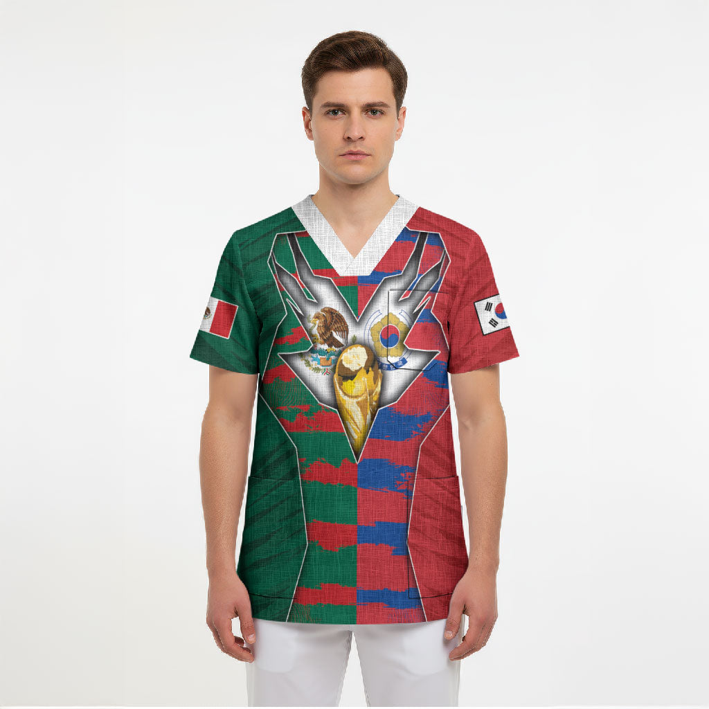 Custom Mexico And Korean Football Scrub Top Split Flag Golden Trophy Grunge