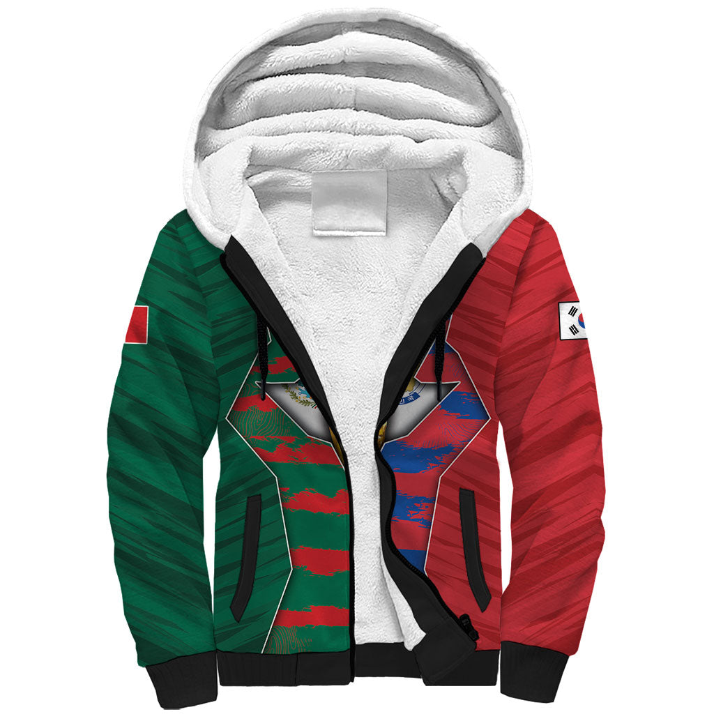 Custom Mexico And Korean Football Sherpa Hoodie Split Flag Golden Trophy Grunge