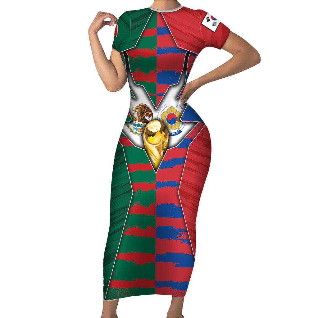 Custom Mexico And Korean Football Short Sleeve Bodycon Dress Split Flag Golden Trophy Grunge