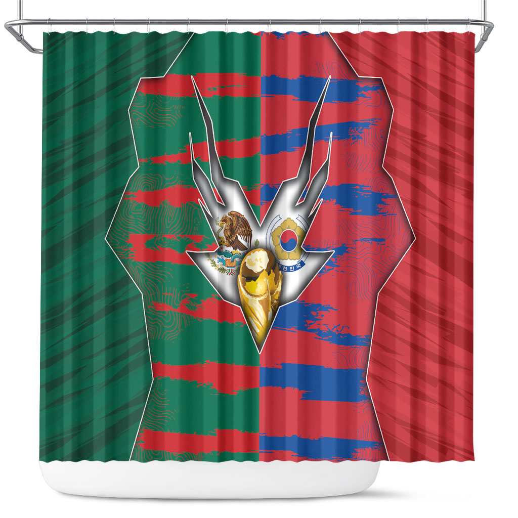 Mexico And Korean Football Shower Curtain Split Flag Golden Trophy Grunge