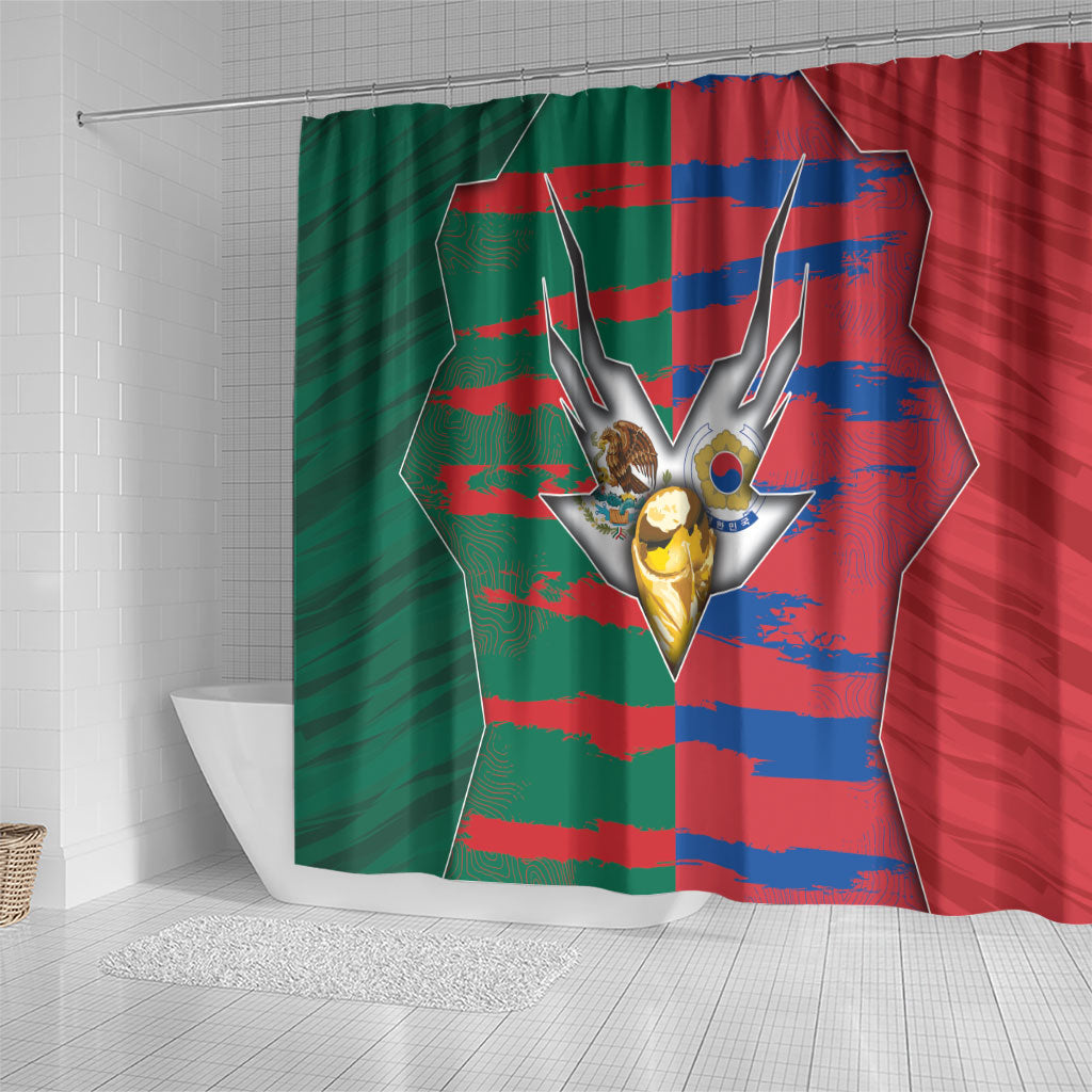 Mexico And Korean Football Shower Curtain Split Flag Golden Trophy Grunge