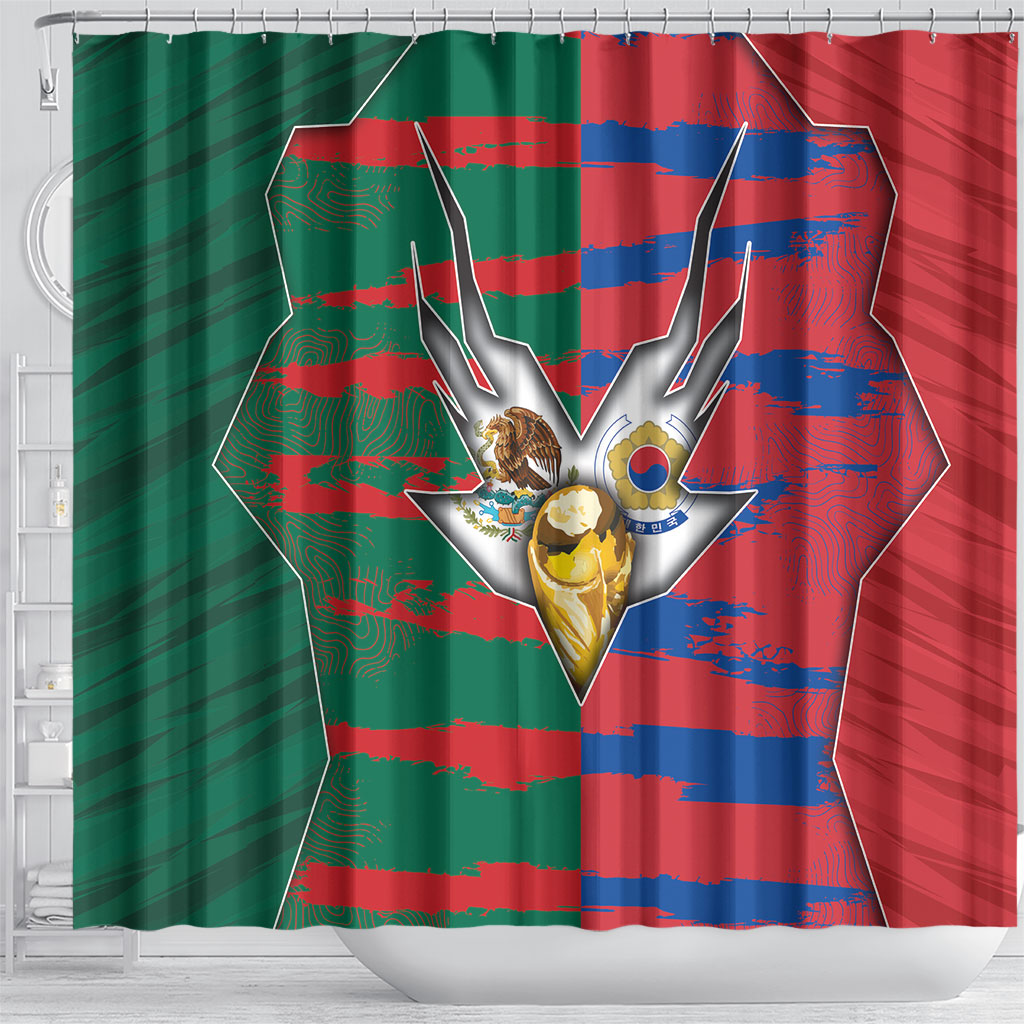 Mexico And Korean Football Shower Curtain Split Flag Golden Trophy Grunge