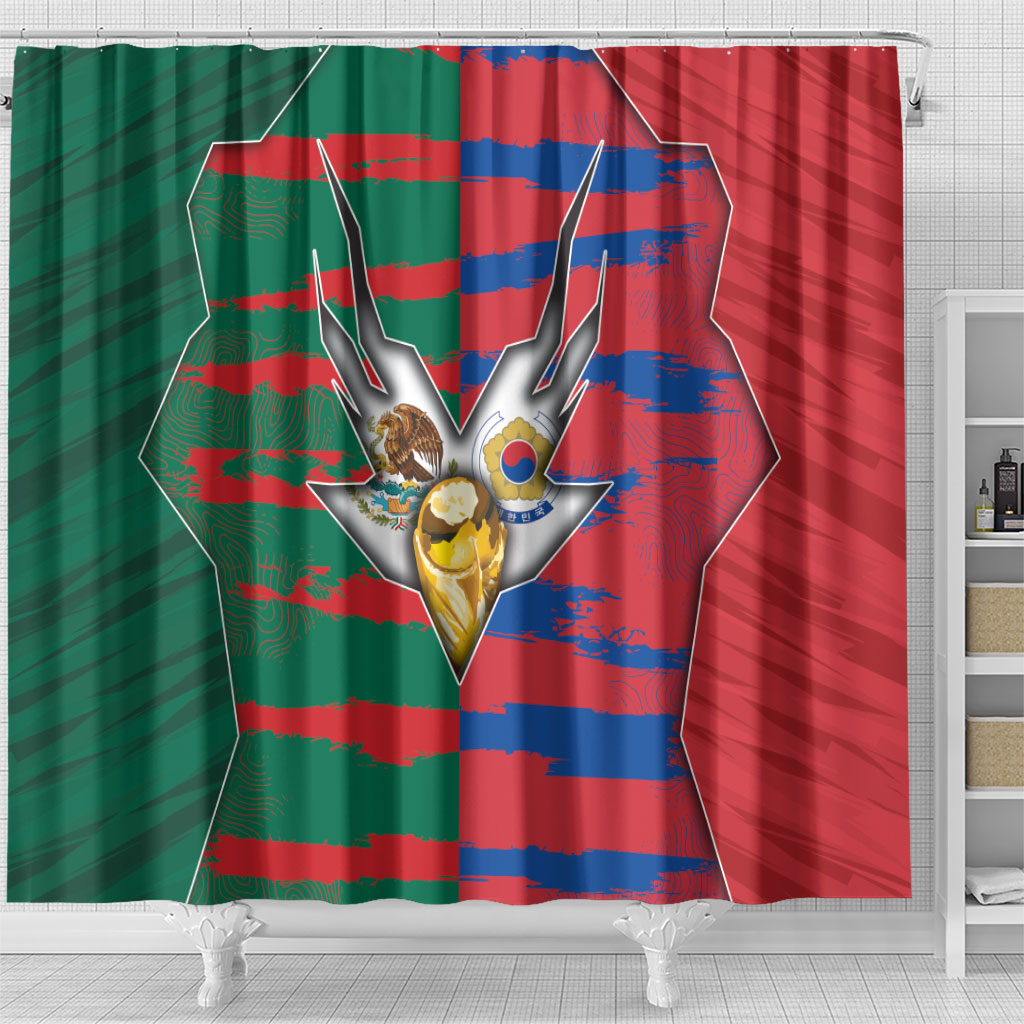 Mexico And Korean Football Shower Curtain Split Flag Golden Trophy Grunge